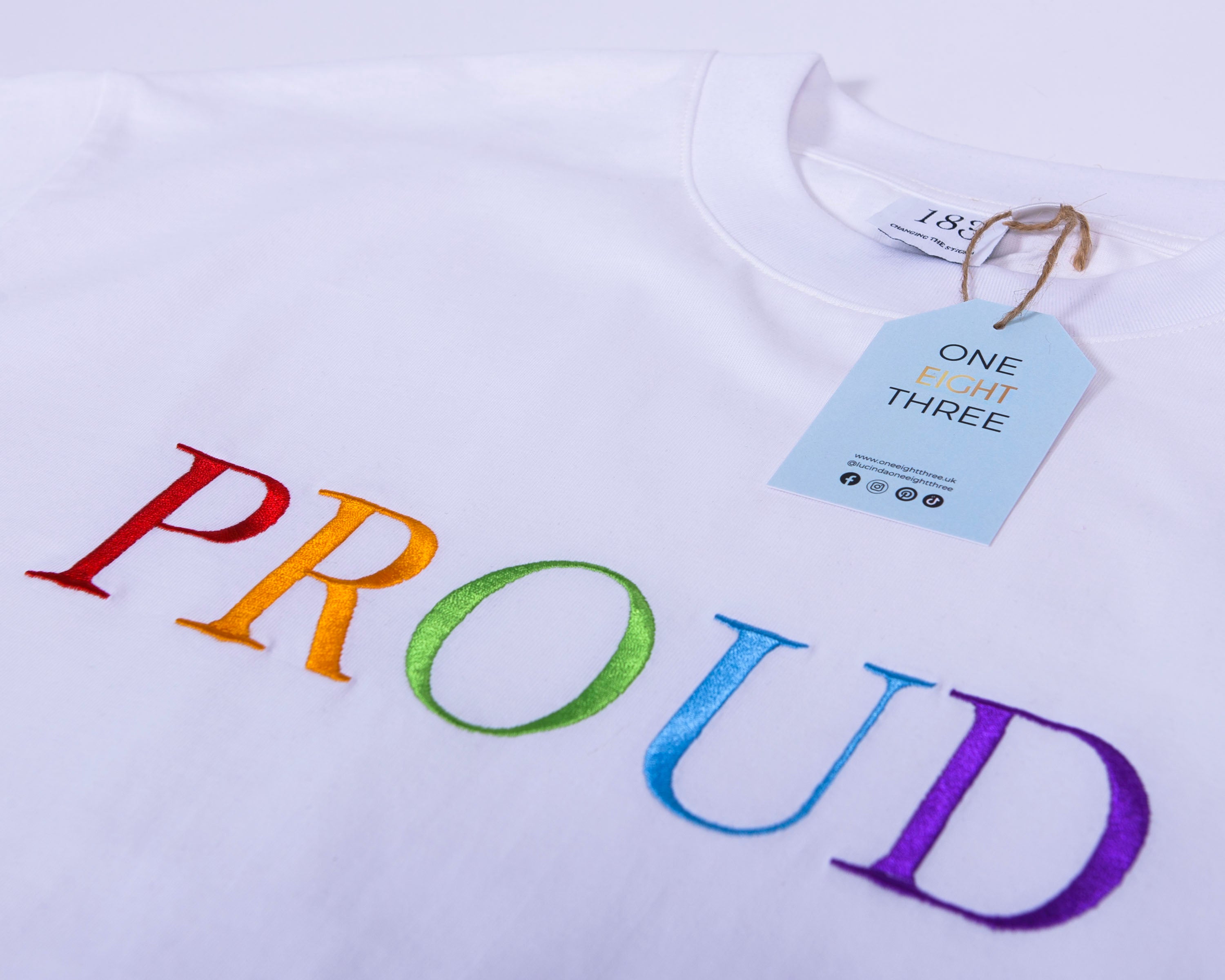 A beautiful white high quality oversized t-shirt with a Bright rainbow letters spelling out 'PROUD.'