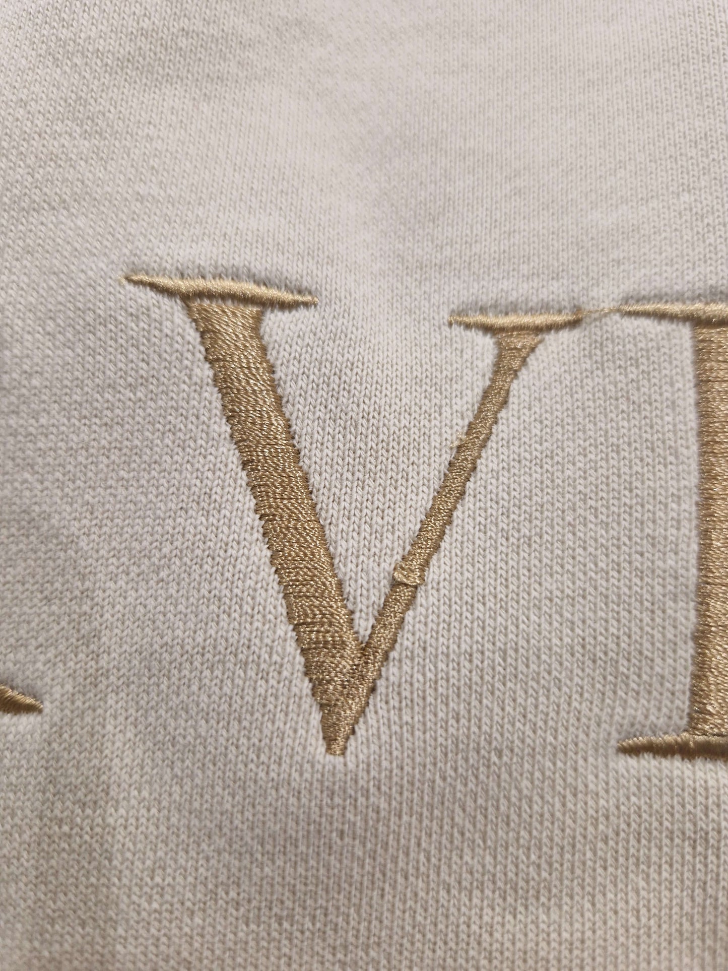 A close up of the beige Surviving jumper with a embroidery pull in the 'V' letter