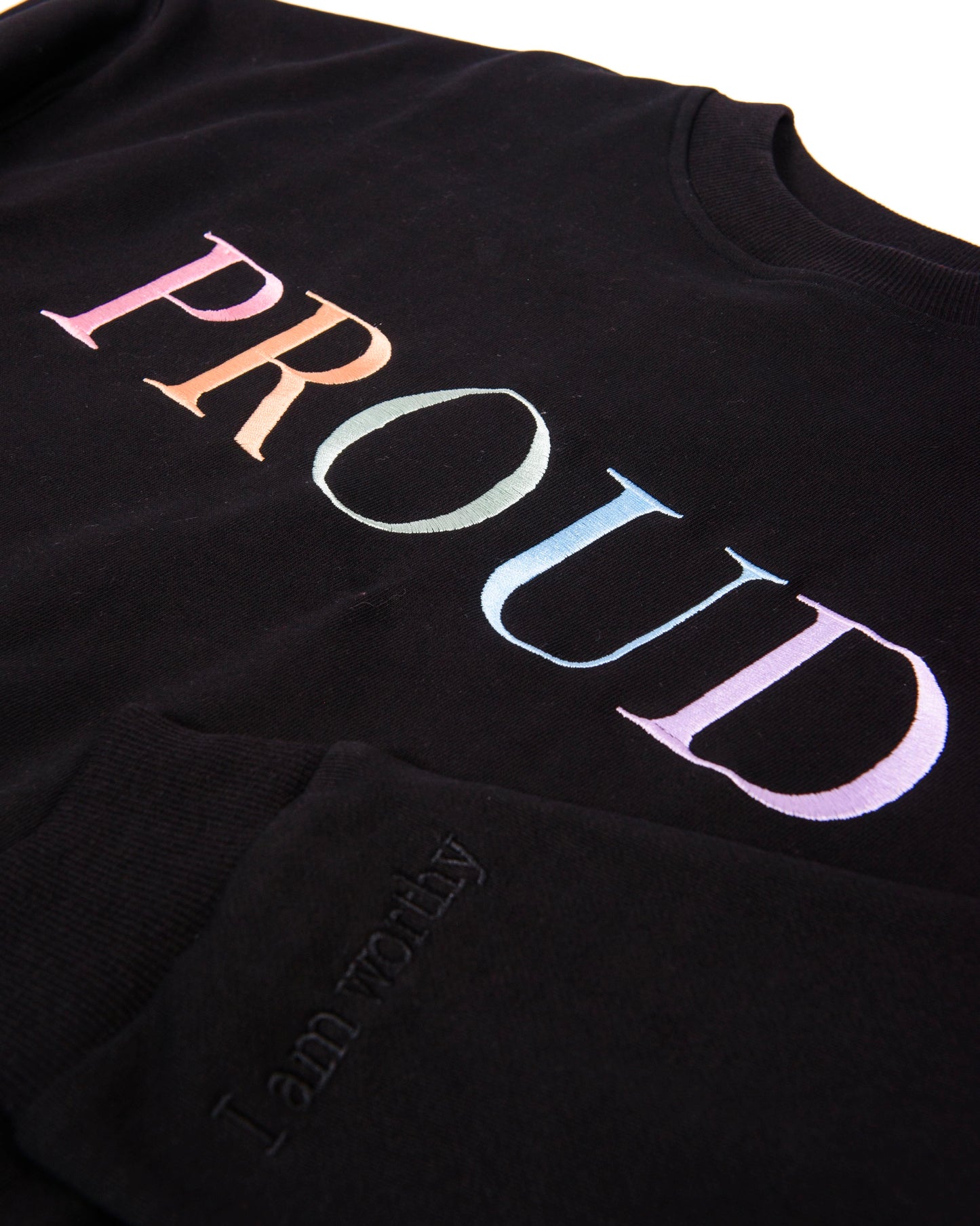 A beautiful black high quality oversized Jumper with a pastel rainbow letters spelling out 'PROUD.' The sleeves have reassuring messages which read 'I am Loved' and 'I am Worthy'