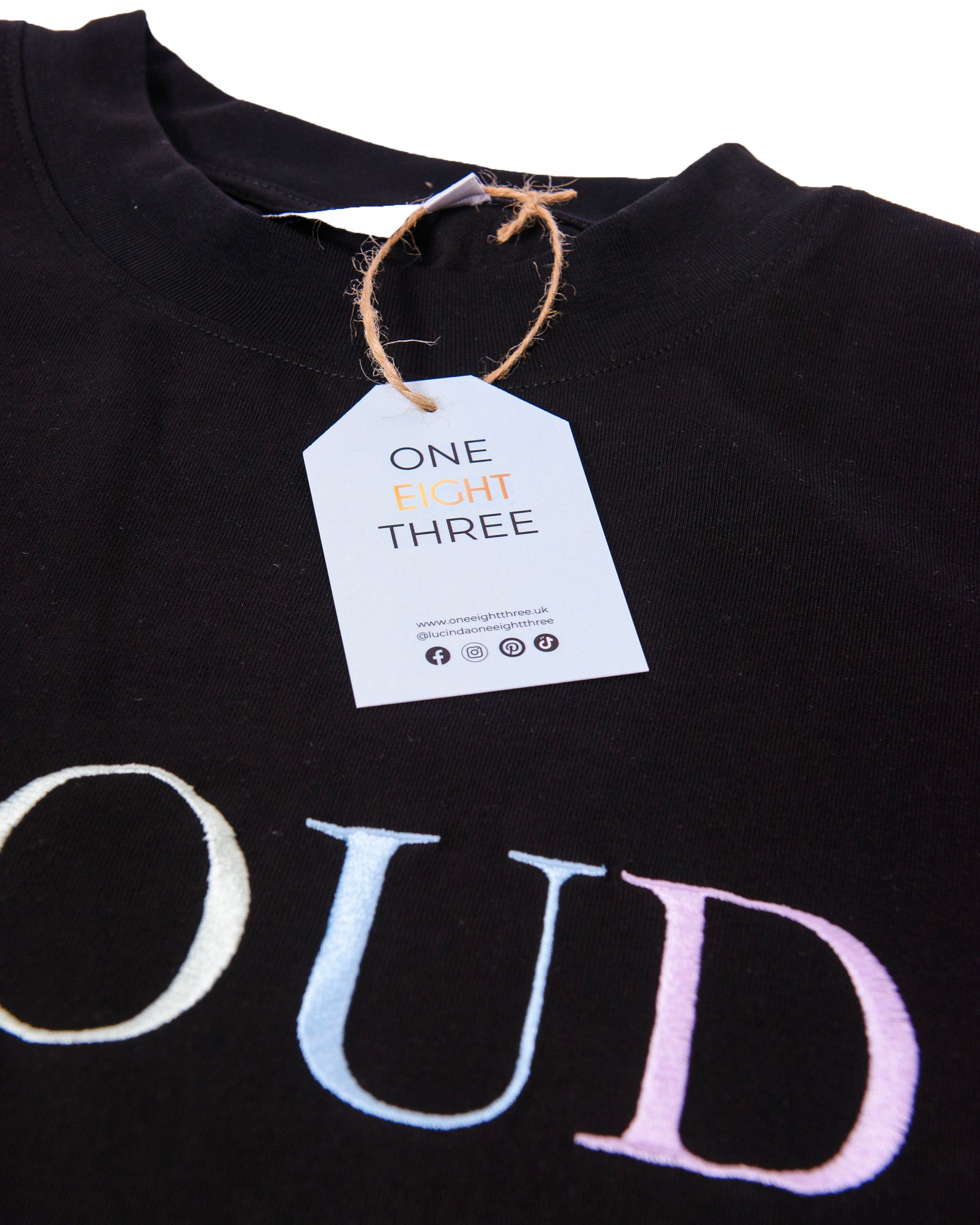 A beautiful black high quality oversized Jumper with a pastel rainbow letters spelling out 'PROUD.' The sleeves have reassuring messages which read 'I am Loved' and 'I am Worthy' The photo shows the Oneeightthree swing tag coming out the jumper